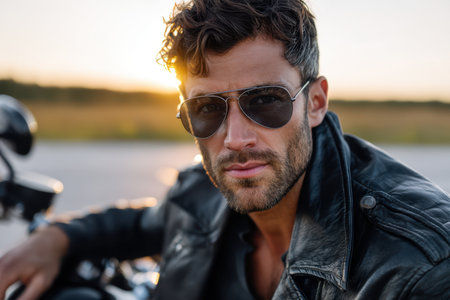 A young man in sunglasses and leather jacket relaxes by his motorcycle amidst golden light at dusk.の素材