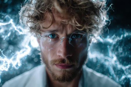 A man with curly hair and glasses gazes intensely while electric energy swirls around him in a dark environment.の素材