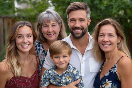 Five family members, including a child, smile together in a green garden setting under warm sunlight.の素材