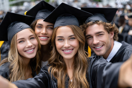 Friends take a joyful selfie in their graduation caps and gowns, celebrating a milestone at the ceremony.の素材
