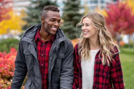 A couple dressed in flannel jackets strolls through a vibrant park surrounded by autumn foliage.の素材
