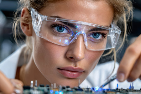 Engineer inspects a circuit board carefully, wearing safety glasses in a bright laboratory.の素材