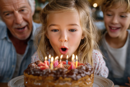 A young girl prepares to blow out birthday candles while family members cheer her on in a cozy setting.の素材