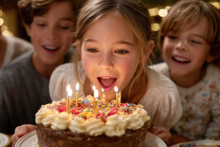 Kids excitedly gather around a decorated cake with candles, ready to celebrate a birthday moment.の素材