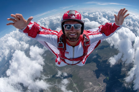 A wingsuit skydiver glides through the clouds, showcasing skill and excitement in a breathtaking aerial display.の素材