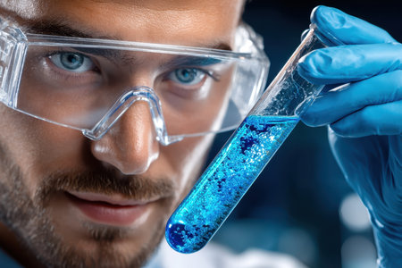 A scientist in protective gear closely inspects a test tube filled with a vibrant blue solution in a lab.の素材