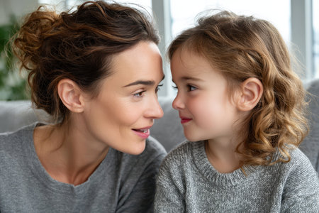A mother and her young daughter sit close, smiling and enjoying a heartwarming interaction in their cozy living room.の素材