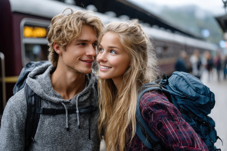 Two travelers share a moment at a train station, smiling and preparing for their adventure.の素材
