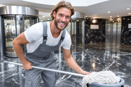 A smiling young man mops a shiny marble floor in a sleek hotel lobby, showcasing his cleaning skills.の素材