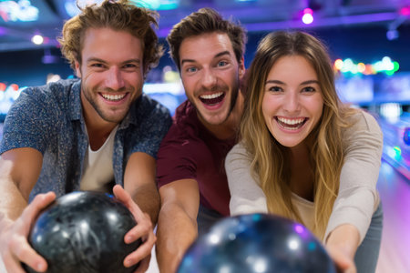 Three friends hold black bowling balls, smiling widely while enjoying a lively evening at the bowling alley.の素材