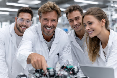 A team of four engineers enthusiastically discusses their latest robotics project in a modern laboratory setting.の素材