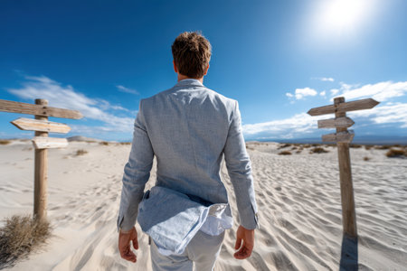 A man in a light suit walks through a sandy desert, approaching wooden signposts under a clear blue sky.の素材