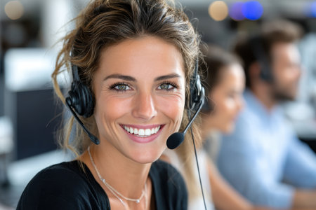 Young woman wearing a headset smiles while providing support in a bustling customer service office.の素材