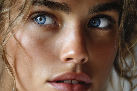 This captivating close-up showcases a person's intense blue eyes and vibrant skin tones, highlighting beauty.の素材