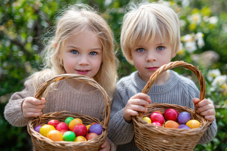 Two young children hold baskets filled with brightly colored eggs while enjoying a sunny spring day in a garden.の素材