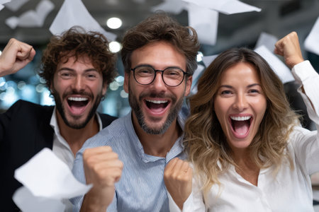 Three friends express excitement and happiness in a modern office, celebrating a significant achievement.の素材