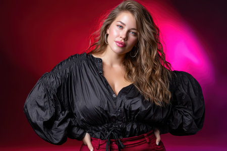 A confident model showcases a trendy black top and striking red pants in a dramatic light setting.の素材