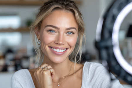 A young woman showcases her radiant smile and natural makeup while posing in a stylish beauty studio.の素材