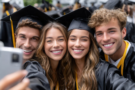 Four friends proudly celebrate their graduation by taking a cheerful selfie outdoors during the ceremony.の素材