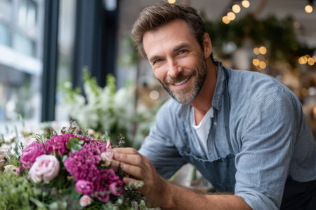 A skilled florist carefully selects and arranges vibrant flowers in a well-lit flower shop.の素材