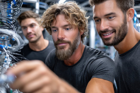 Three technicians analyze and adjust connections in a server room filled with cables and equipment.の素材