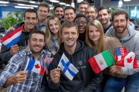 A lively group poses with their country flags in a modern office setting.の素材