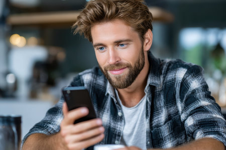 A young man with a beard looks at his smartphone with a smile while sitting in a cafe.の素材