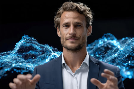A man in a suit engages with glowing blue digital waves in a creative studio environment.の素材