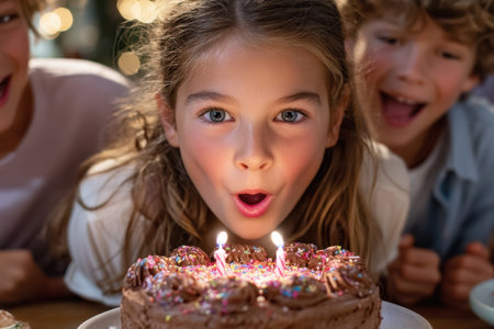 A girl joyfully prepares to blow out candles on a chocolate birthday cake surrounded by friends.の素材
