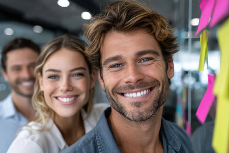 Two team members smile broadly while standing in a contemporary office filled with colorful sticky notes.の素材