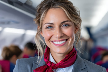 A flight attendant greets passengers on a crowded airplane with a warm smile while preparing for takeoff.の素材