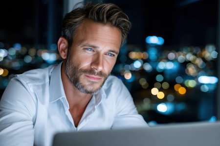Man focused on his laptop, surrounded by bright city lights, working late into the night.の素材