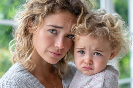 A mother holds her sad child close, both wearing expressions of worry in a bright, warm indoor setting.の素材