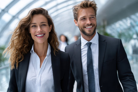 Two well-dressed individuals walk confidently through a bright, contemporary office hallway while smiling.の素材