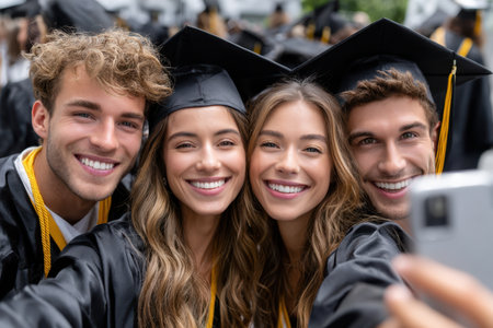 Four friends proudly celebrate their graduation by taking a cheerful selfie outdoors during the ceremony.の素材