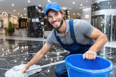 A cheerful cleaner is mopping a shiny marble floor in a stylish hotel lobby during daylight hours.の素材