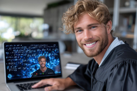 A young graduate is smiling as he attends a virtual class on his laptop in a bright home setting.の素材