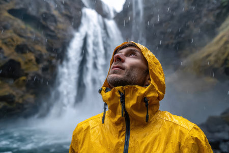 A man wearing a yellow raincoat looks up in awe at a powerful waterfall while rain falls around him.の素材