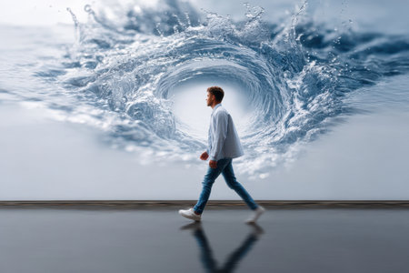 A person walks confidently toward a captivating swirling water design in a contemporary environment.の素材