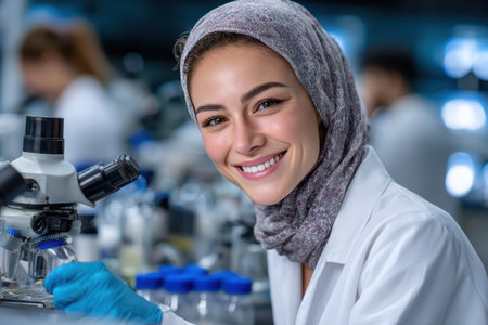 Scientist in lab coat and hijab smiles while examining samples under a microscope in the lab.の素材
