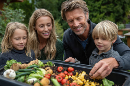 A family is gathered around a garden bed, happily harvesting fresh vegetables, fostering a love of gardening.の素材