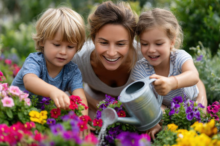 Two children help their mother water vibrant flowers, sharing joy and laughter in a blooming garden.の素材