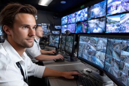 Two operators focus on various security feeds in a high-tech control room during their shift.の素材