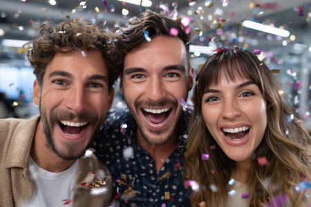 Three friends are enjoying a cheerful celebration indoors, surrounded by colorful confetti.の素材