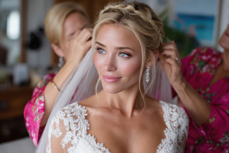 A smiling bride getting ready with help from family members, showing an elegant hairstyle and makeup.の素材