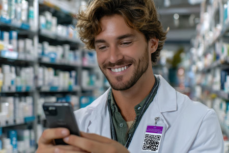 A young man in a white coat smiles as he interacts with his smartphone in a pharmacy filled with shelves of medication.の素材