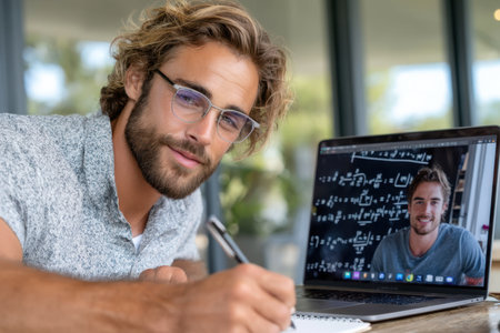 A young man studies math concepts from a laptop, taking notes in a notebook on a bright afternoon.の素材