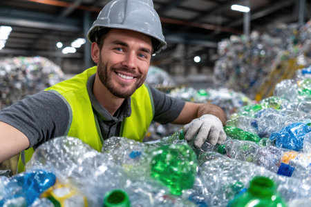 A man in a safety vest and helmet is actively sorting through piles of plastic bottles at a recycling center.の素材