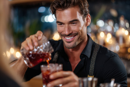 A skilled bartender pours rich cocktails for guests at a vibrant bar filled with warm lights and laughter.の素材