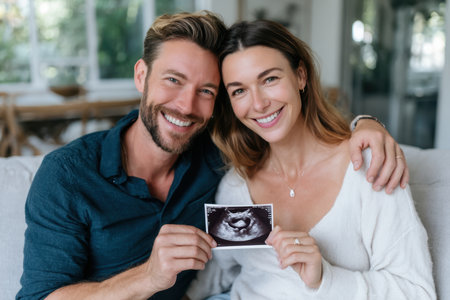 Happy couple smiles while holding their baby ultrasound in a warm, inviting living room setting.の素材